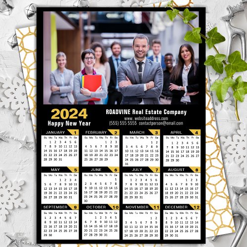 Modern 2024 Calendar Corporate Photo Black Gold  Holiday Card