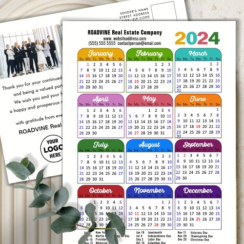 Modern 2024 Calendar Corporate Photo Logo Colorful Holiday Postcard