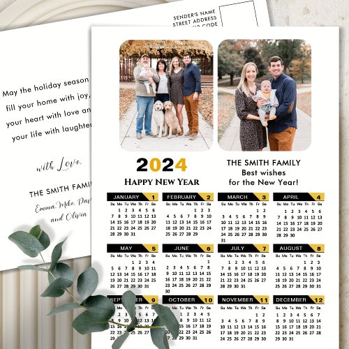 Modern 2024 Calendar Family 2 Photo Black Gold Holiday Postcard