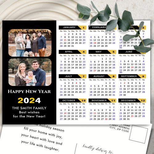 Modern 2024 Calendar Family 2 Photo Black Gold Holiday Postcard