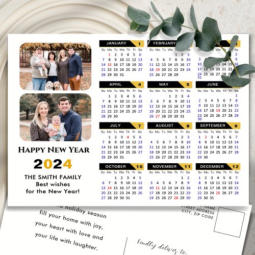 Modern 2024 Calendar Family 2 Photo Black Gold Holiday Postcard