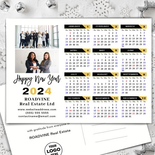 Modern 2024 Calendar Gold Black Business 2 Photo Holiday Postcard