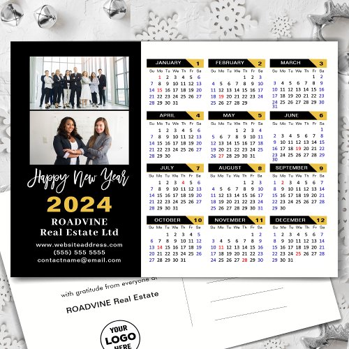 Modern 2024 Calendar Gold Black Business 2 Photo Holiday Postcard