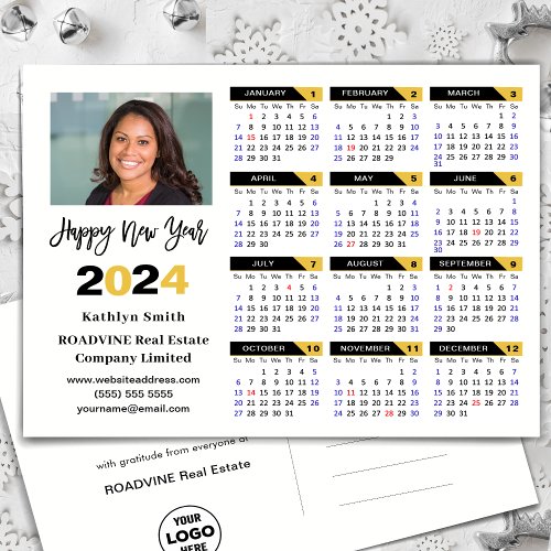 Modern 2024 Calendar Gold Black Business Photo Holiday Postcard