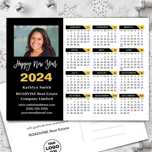 Modern 2024 Calendar Gold Black Business Photo Holiday Postcard