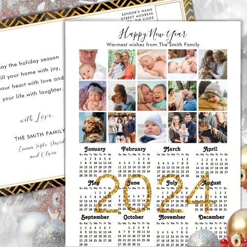 Modern 2024 Calendar Gold Script 15 Photo Collage Holiday Postcard