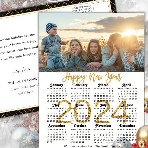 Modern 2024 Calendar Gold Script Photo Minimalist Holiday Postcard