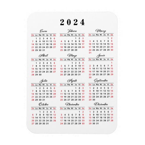 Modern 2024 Calendar in Spanish White Black Red Magnet