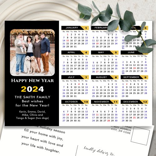 Modern 2024 Calendar Photo Black Gold Minimalist Holiday Postcard