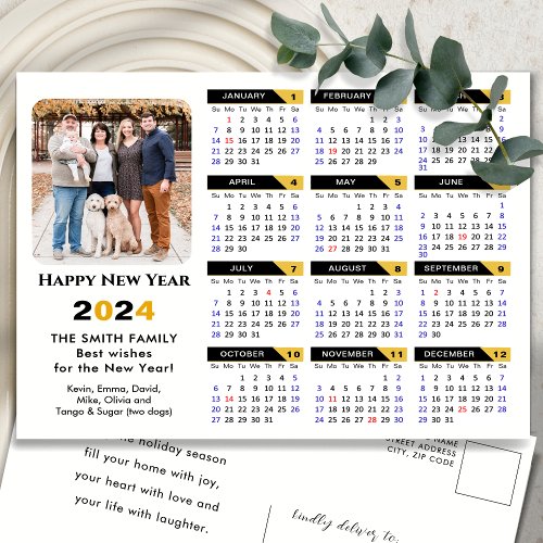 Modern 2024 Calendar Photo Black Gold Minimalist Holiday Postcard