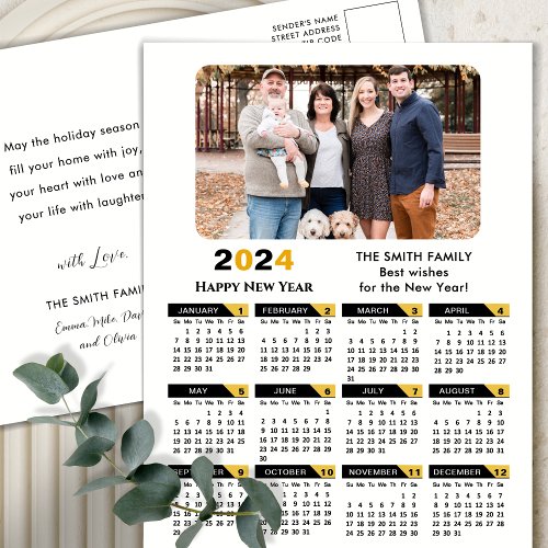 Modern 2024 Calendar Photo Black Gold Minimalist Holiday Postcard