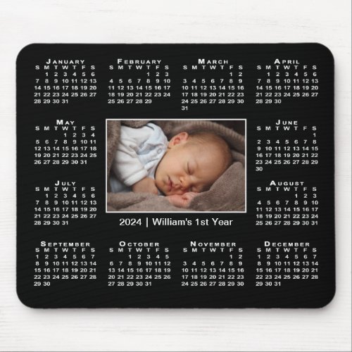 Modern 2024 Calendar Your Photo Name on Black Mouse Pad