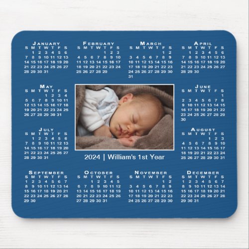 Modern 2024 Calendar Your Photo Name on Blue Mouse Pad