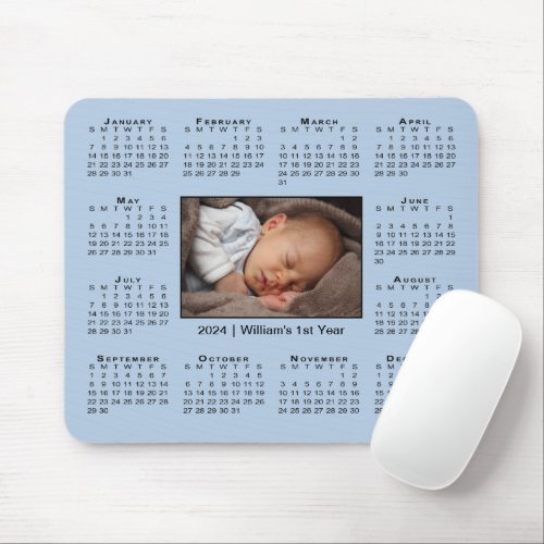 Modern 2024 Calendar Your Photo Name on Light Blue Mouse Pad