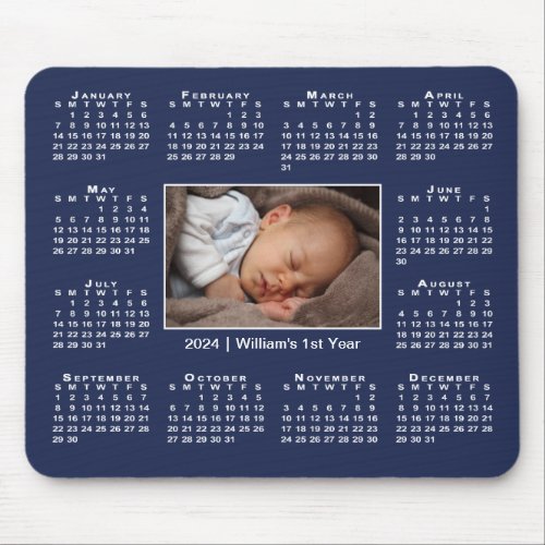 Modern 2024 Calendar Your Photo Name on Navy Blue Mouse Pad