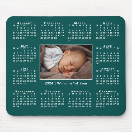 Modern 2024 Calendar Your Photo Name on Teal Mouse Pad