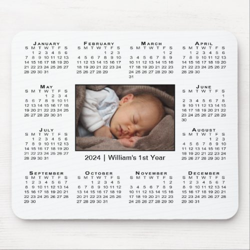 Modern 2024 Calendar Your Photo Name on White Mouse Pad