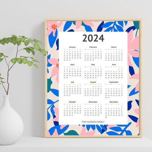 Modern 2024 Colorful Bold Floral Pattern Calendar Poster