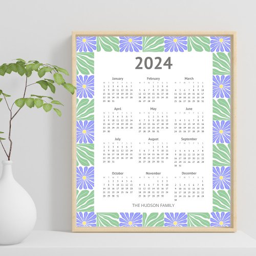 Modern 2024 Geometric Floral Pattern Calendar Poster