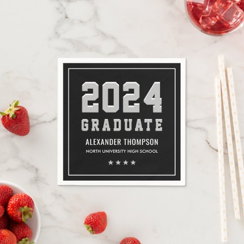 Modern 2024 Graduate Black Gray Graduation Party Napkins