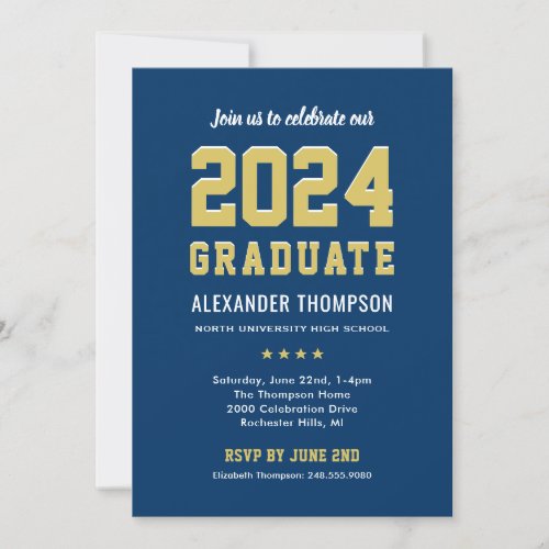 Modern 2024 Graduate Navy Gold Graduation Party Invitation