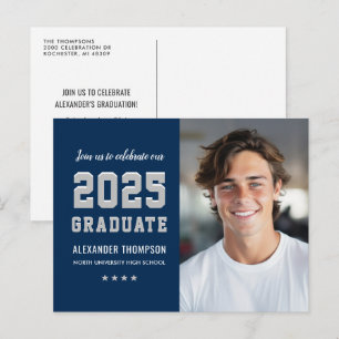 Modern 2024 Graduate Navy Gray Photo Graduation Invitation Postcard