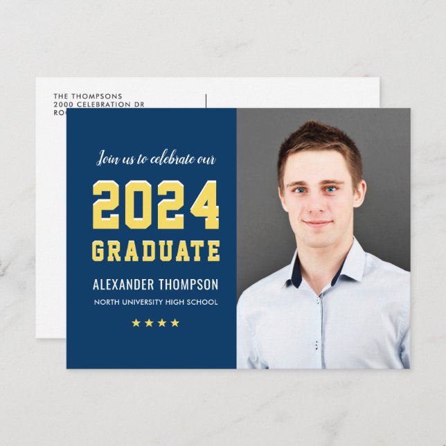 Modern 2024 Graduate Navy Yellow Photo Graduation Invitation Postcard (Front/Back)