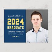 Modern 2024 Graduate Navy Yellow Photo Graduation Invitation Postcard (Front)