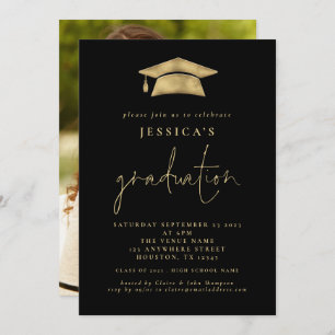 Modern 2024 Graduation Photo Gold Grad Cap Black I Invitation