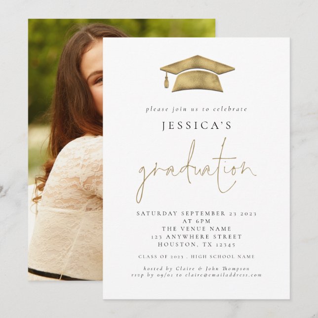 Modern 2024 Graduation Photo Gold Grad Cap Invitat Invitation (Front/Back)