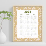 Modern 2024 Neutral Earthy Leaf Pattern Calender Poster<br><div class="desc">Modern leafy 2024 calendar for a full 12 month period. Start the year fresh with this lovely calendar featuring a leafy pattern against a pale yellow brown background and olive green text. Personalize to make it your own or for someone special.</div>