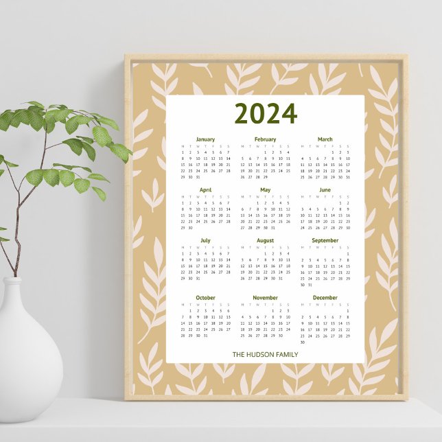 Modern 2024 Neutral Earthy Leaf Pattern Calender Poster (Creator Uploaded)