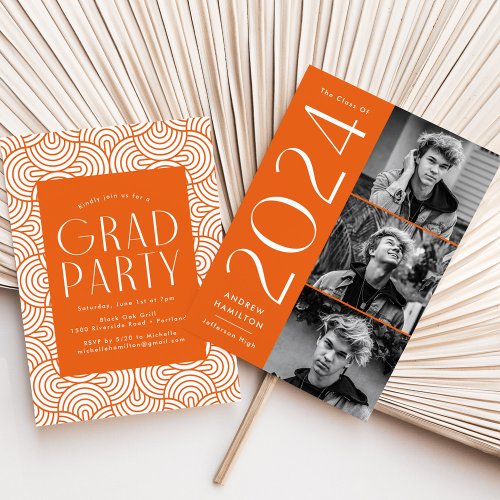 Modern 2024 Orange 3 Photo Graduation Party Invitation