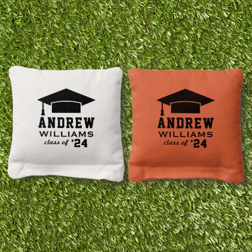 Modern 2024 Orange Custom Name Graduation Cornhole Bags