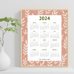 Modern 2024 Peachy Leaf Pattern Calender Poster<br><div class="desc">Modern leafy 2024 calendar for a full 12 month period. Start the year fresh with this lovely calendar featuring a leafy pattern against a warm peachy brown background and olive green text. Personalize to make it your own or for someone special.</div>