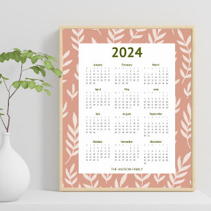Modern 2024 Peachy Leaf Pattern Calender Poster