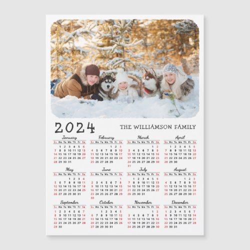 Modern 2024 Photo Calendar Magnet Black White Red