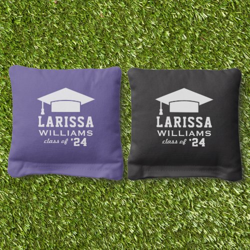 Modern 2024 Purple Custom Name Graduation Cornhole Bags