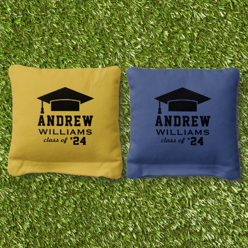 Modern 2024 Yellow and Blue Custom Name Graduation Cornhole Bags