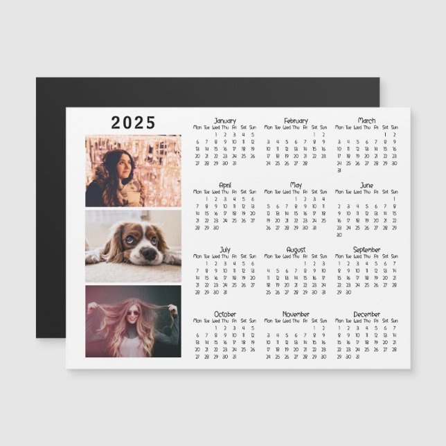 Modern 2025 Calendar 3 Photo Collage Magnet Card (Front/Back)