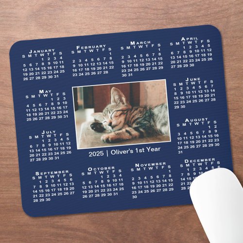 Modern 2025 Calendar Your Photo Name on Navy Blue Mouse Pad