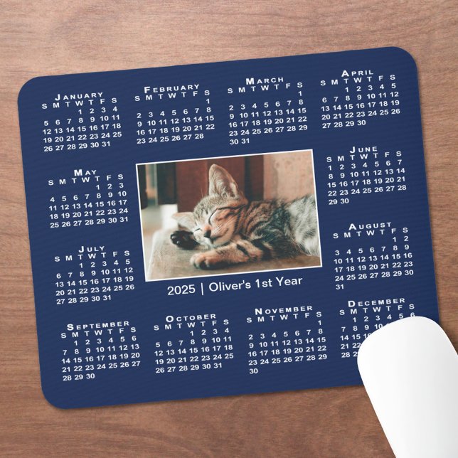 Modern 2025 Calendar Your Photo Name on Navy Blue Mouse Pad (Modern 2025 Calendar Your Photo Name on Navy Blue Mouse Pad in situ)