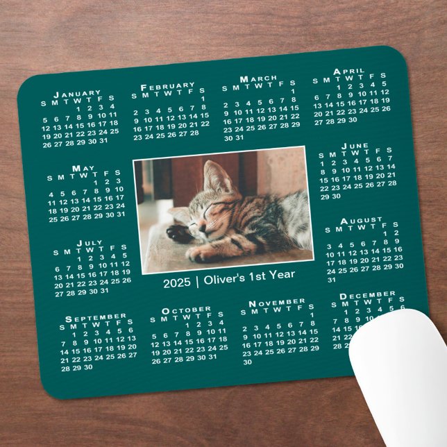 Modern 2025 Calendar Your Photo Name on Teal Mouse Pad (Modern 2025 Calendar Your Photo Name on Teal Mouse Pad in situ)