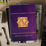 Modern 2025 gold monogram name script elegant planner<br><div class="desc">A classy elegant business or personal 2025 purple planner featuring gold copper metallic geometric monogrammed square label on a leather look background. Perfect for a stylish business image for a business corporate manager, director, fashion stylist, home interior decorator, designer, architect, beauty salon manager, makeup artist, hairstylist. Easy to personalize with...</div>