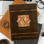 Modern 2025 gold monogram name script elegant planner<br><div class="desc">A classy elegant business or personal 2025 brown planner featuring gold copper metallic geometric monogrammed square label on a leather look background. Perfect for a stylish business image for a business corporate manager, director, fashion stylist, home interior decorator, designer, architect, beauty salon manager, makeup artist, hairstylist. Easy to personalize with...</div>