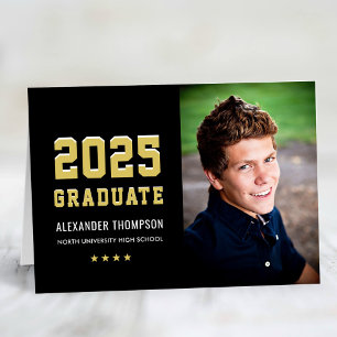 Modern 2025 Graduate Black Gold Photo Graduation Thank You Card