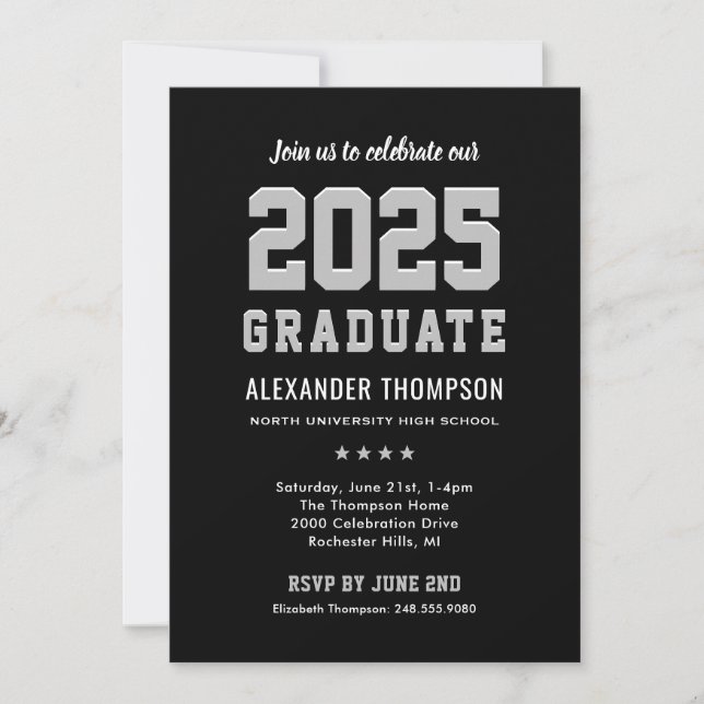 Modern 2025 Graduate Black Gray Graduation Party Invitation (Front)