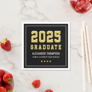 Modern 2025 Graduate Gold Black Graduation Party Napkins