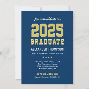 Modern 2025 Graduate Navy Gold Graduation Party Invitation