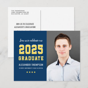 Modern 2025 Graduate Navy Yellow Photo Graduation Invitation Postcard